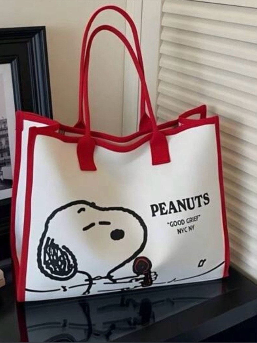Peanuts Canvas Tote in Cream with Red Trim